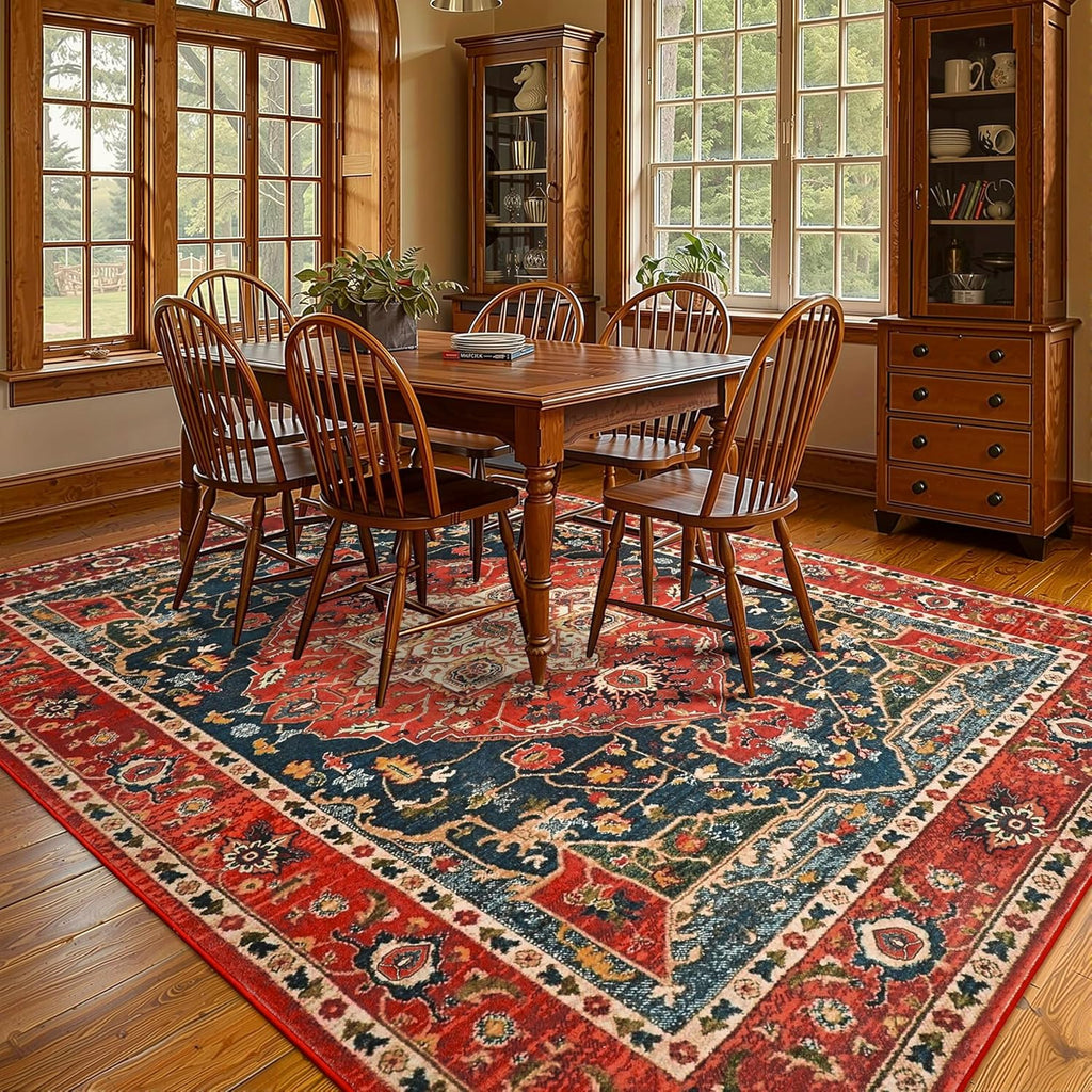 Area Rugs 9x12 Machine Washable Rugs, Non Slip Floral Vintage Rug Indoor Carpet, Stain Resistant Large Rug Dining