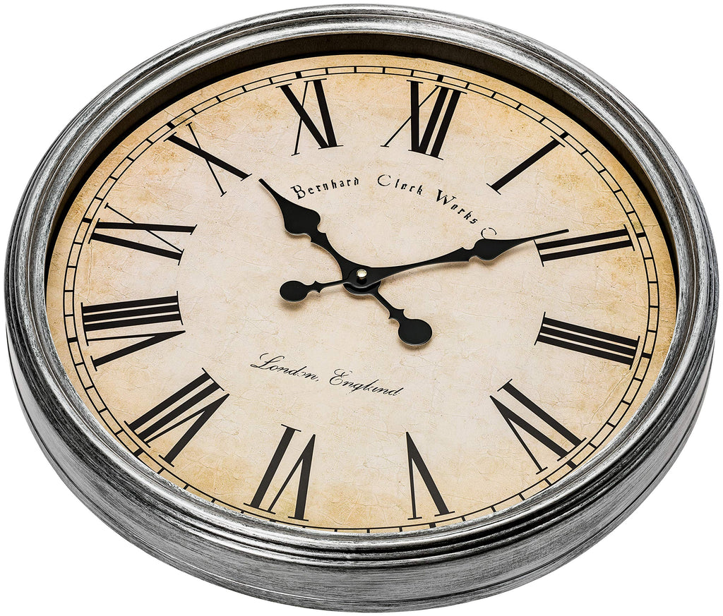 Large Decorative Wall Clock 20 Inch Silent Non Ticking Battery Operated Quartz Vintage Stylish with Rustic Silver Rim