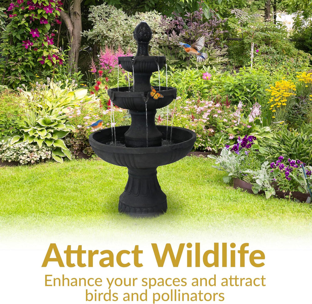 Flower Blossom 43" Tiered Outdoor Water Fountain - 3-Tiered Outdoor Fountain - Black Finish