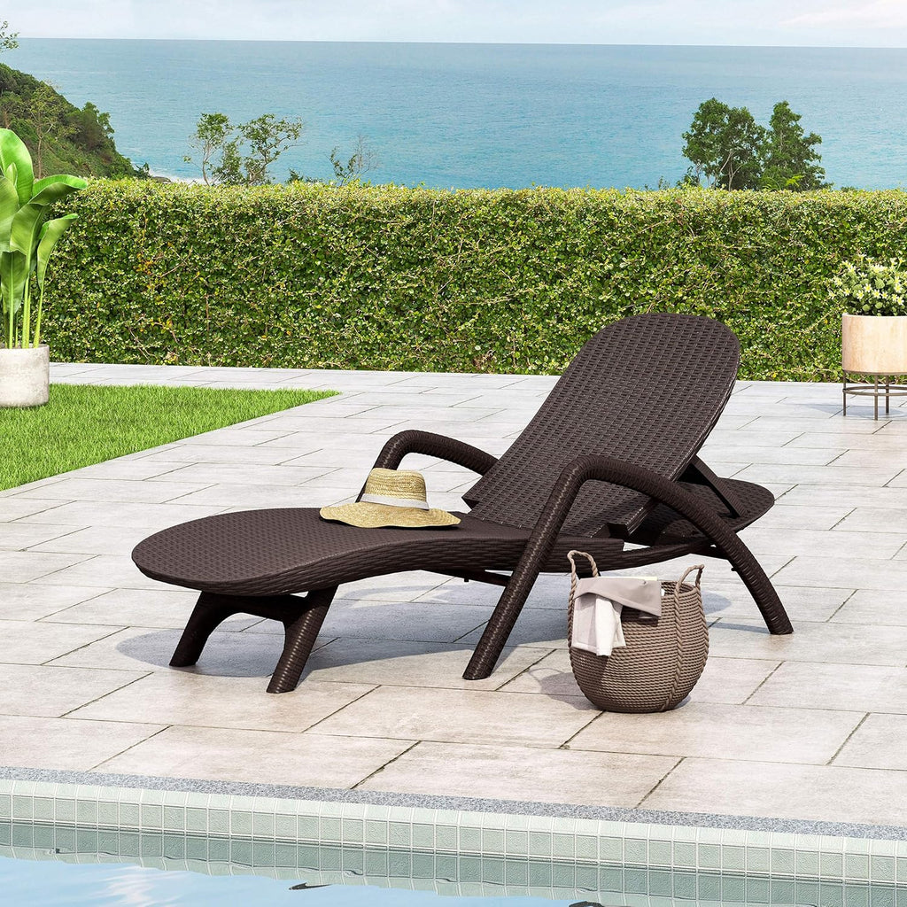 Blanche Outdoor Faux Wicker Chaise Lounge, Dark Brown