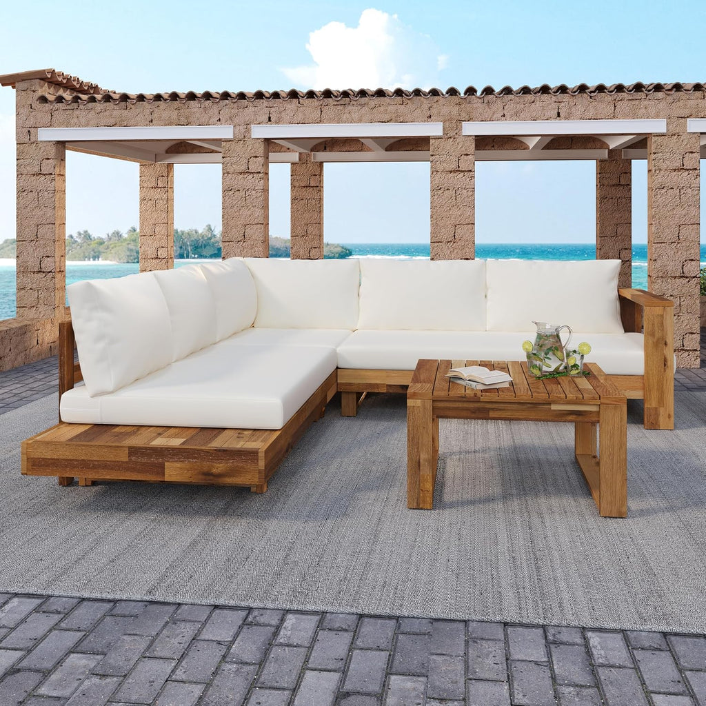 4pc Acacia Wood Outdoor Sectional Sofa Set with Cushions | Slatted Design - Modern Patio, Deck & Garden Seating for