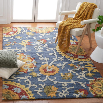 Blossom Area Rug - 9' x 12', Navy & Multi, Handmade Wool