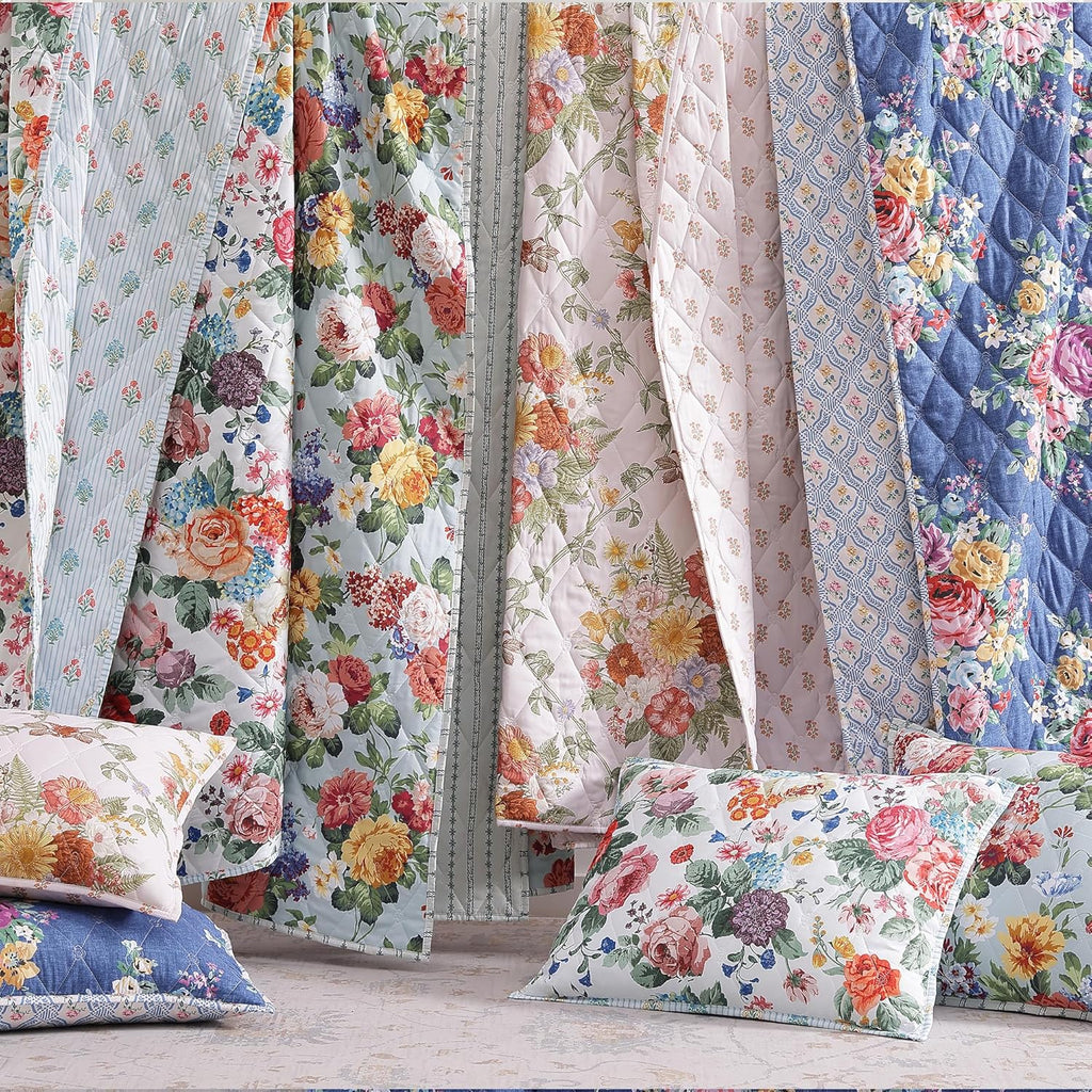 Floral Quilt Set, 3 Piece Reversible Lightweight Soft Bedspread Coverlet, Garden Farmhouse Botanical Diamond