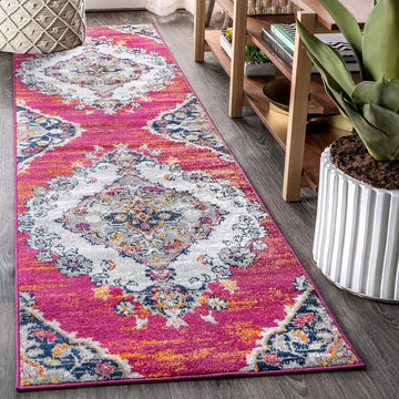 Boho Vintage Multi Runner Rug, 2x8, Bohemian Flair Medallion, Chic, Floral, High Traffic, Pet Friendly, Non-Shedding