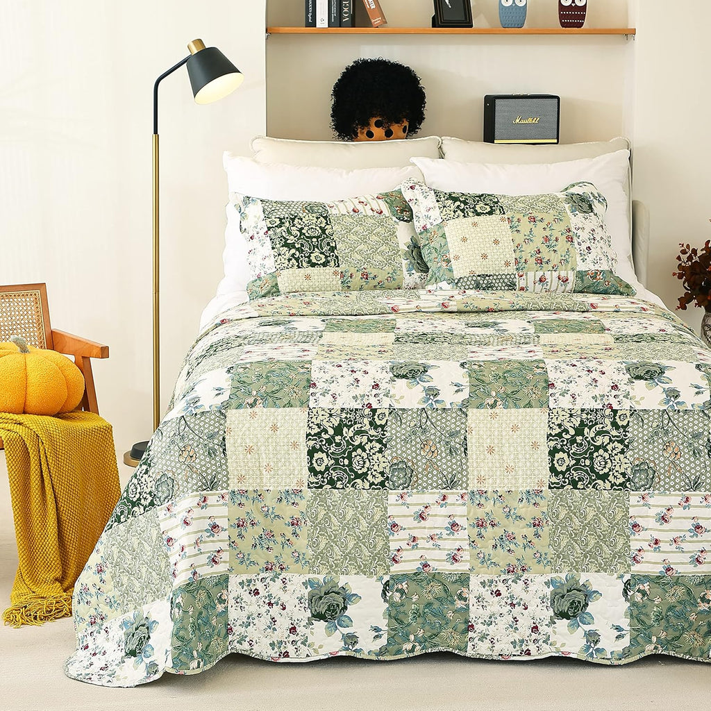 Summer Floral Quilted Bedspread,Romantic Green Quilt Set,Reversible Stitched Bedding Cover All Season,Soft