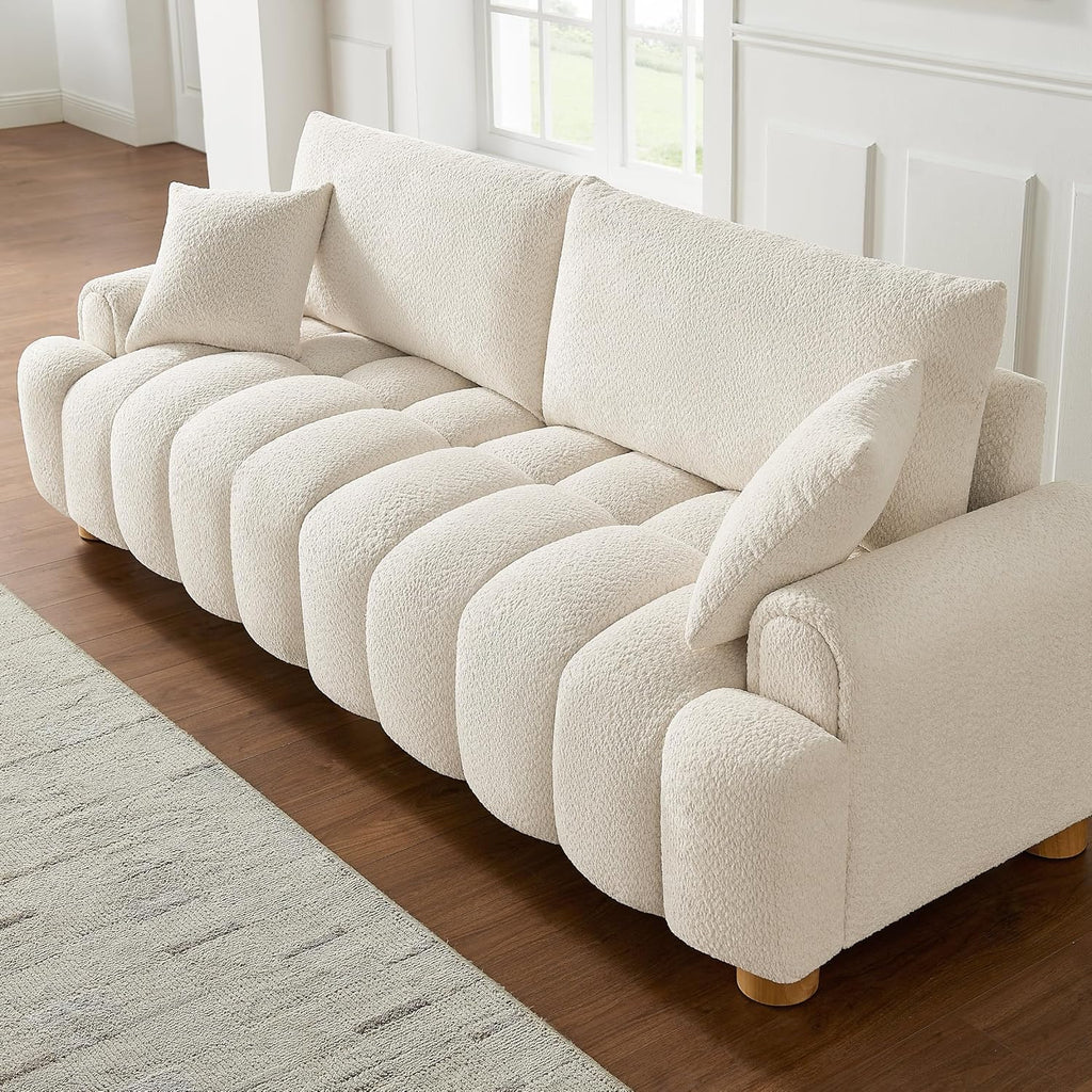 Boucle Sofa Couch, 91" Comfy Tufted Upholstered Cloud Couches, Modern 3 Seater Sofa with Pillows