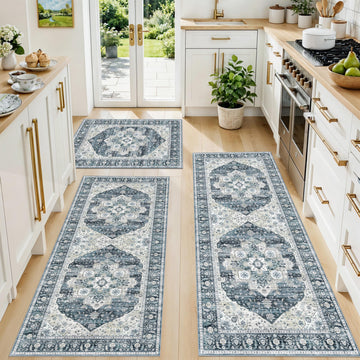 Kitchen Mats for Floor 3 Piece Set: Non-Slip Washable Boho Area Rugs and Runner for Sink, Entryway, Bathroom Soft Low