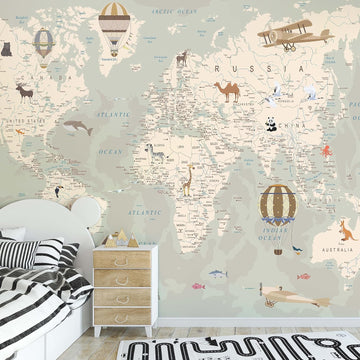 Kids World Map Wallpaper with Animals-Peel and Stick Educational Decals-Nursery Murals for Baby, Toddlers,Boys, Kids