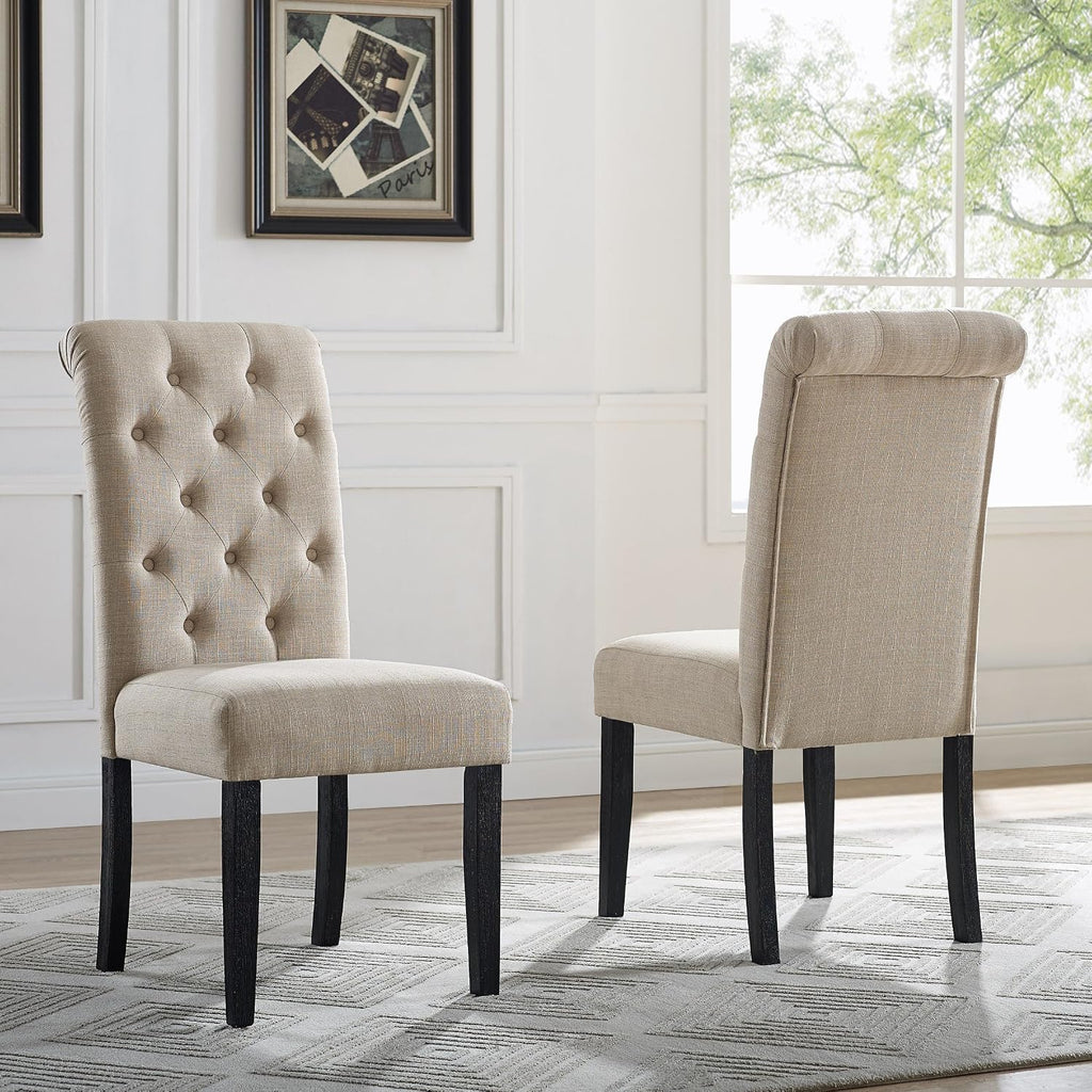 Solid Wood Tufted Parsons Dining Chairs, Set of 2, Tan