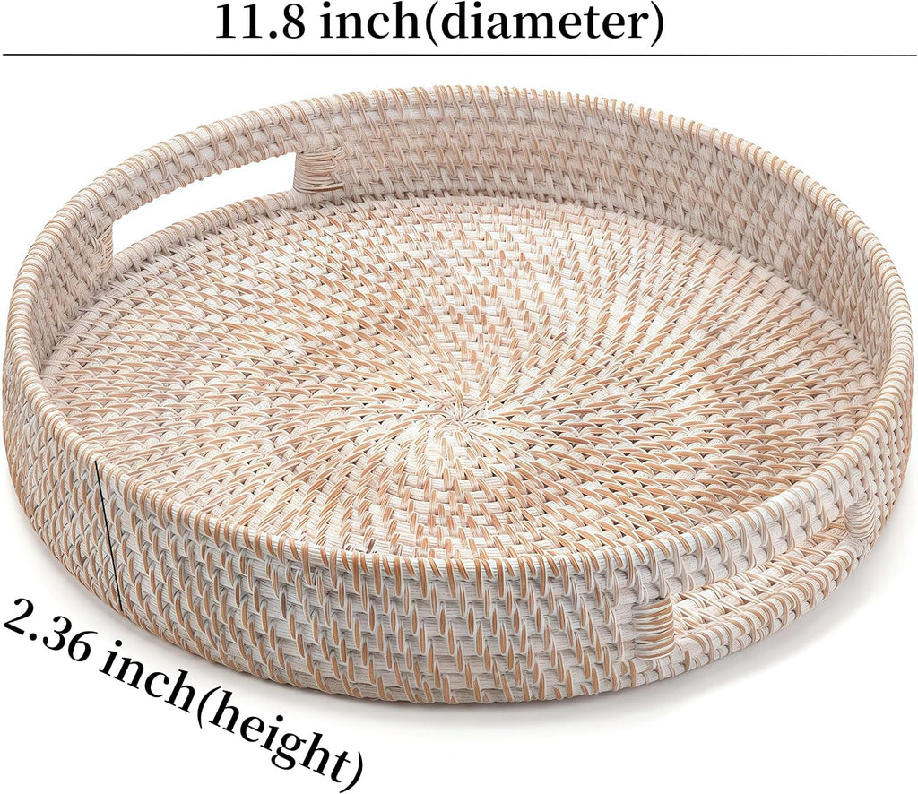 11.8" Round Rattan Tray, Hand Woven Serving Tray with Handles, Wicker Serving Basket, Decorative Tray Decor, Whitewash