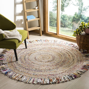 Cape Cod Collection Area Rug - 6' Round, Ivory & Light Beige, Handmade Boho Fringe Jute & Cotton, Ideal for High