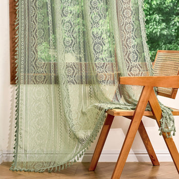 Sage Green Boho Lace Curtains with Tassel 90 Inch Length 2 Panels Vintage Floral Bohemian Crochet Geometry Striped