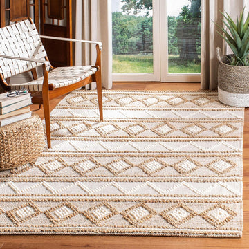 Natural Fiber Collection Area Rug - 9' x 12', Beige & Ivory, Handmade Moroccan Boho Tribal Jute & Wool, Ideal for