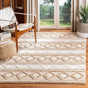 Natural Fiber Collection Area Rug - 9' x 12', Beige & Ivory, Handmade Moroccan Boho Tribal Jute & Wool, Ideal for