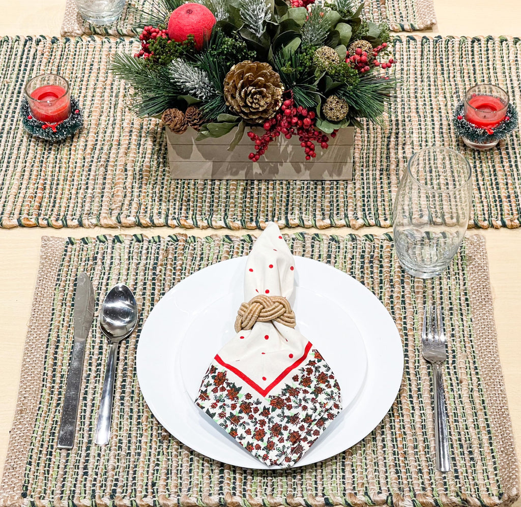 Natural Jute & Green Placemats, Set of 4 - Rustic Handmade Boho Table Mats, 13x19 Inch Dining Table Placemats