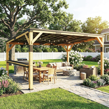10' x 14' Wooden Gazebo with Galvanized Steel Sloped Roof, Hardtop Lean-to Gazebo Pergola with Bar Shelf