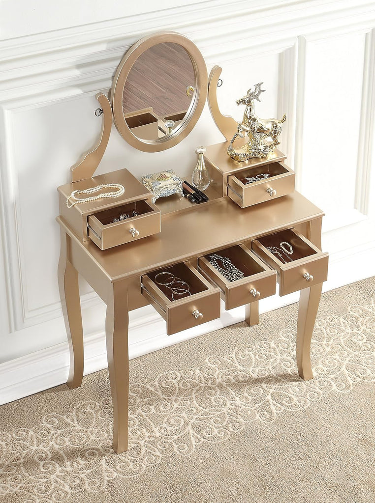 Ashley Wood Makeup Vanity Table and Stool Set, Gold