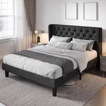 Queen Bed Frame with Button Tufted Wingback Headboard, Modern Upholstered Bed Frame with Solid Wooden Slats Support