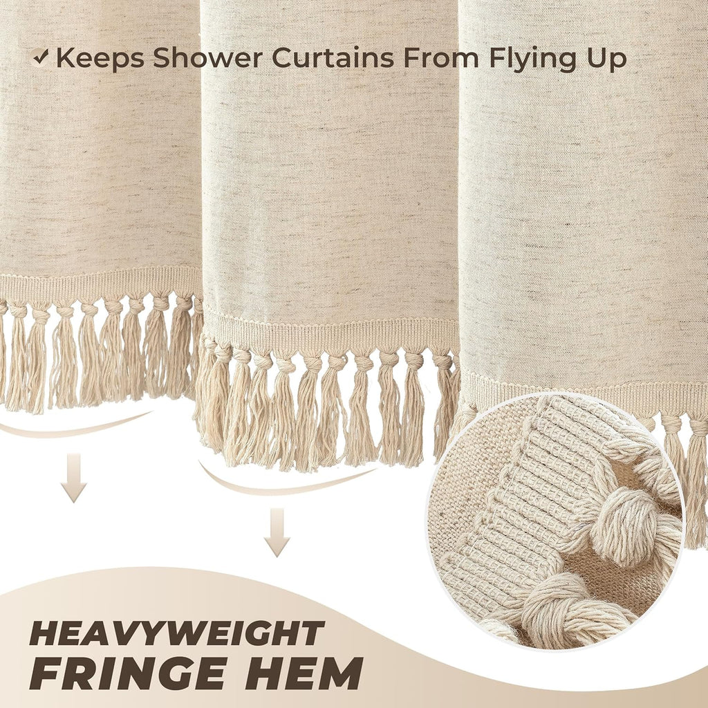 Linen Shower Curtain Boho Beige Shower Curtain with Tassels 72"W x 72"L | Thick linen-poly blend, soft textured