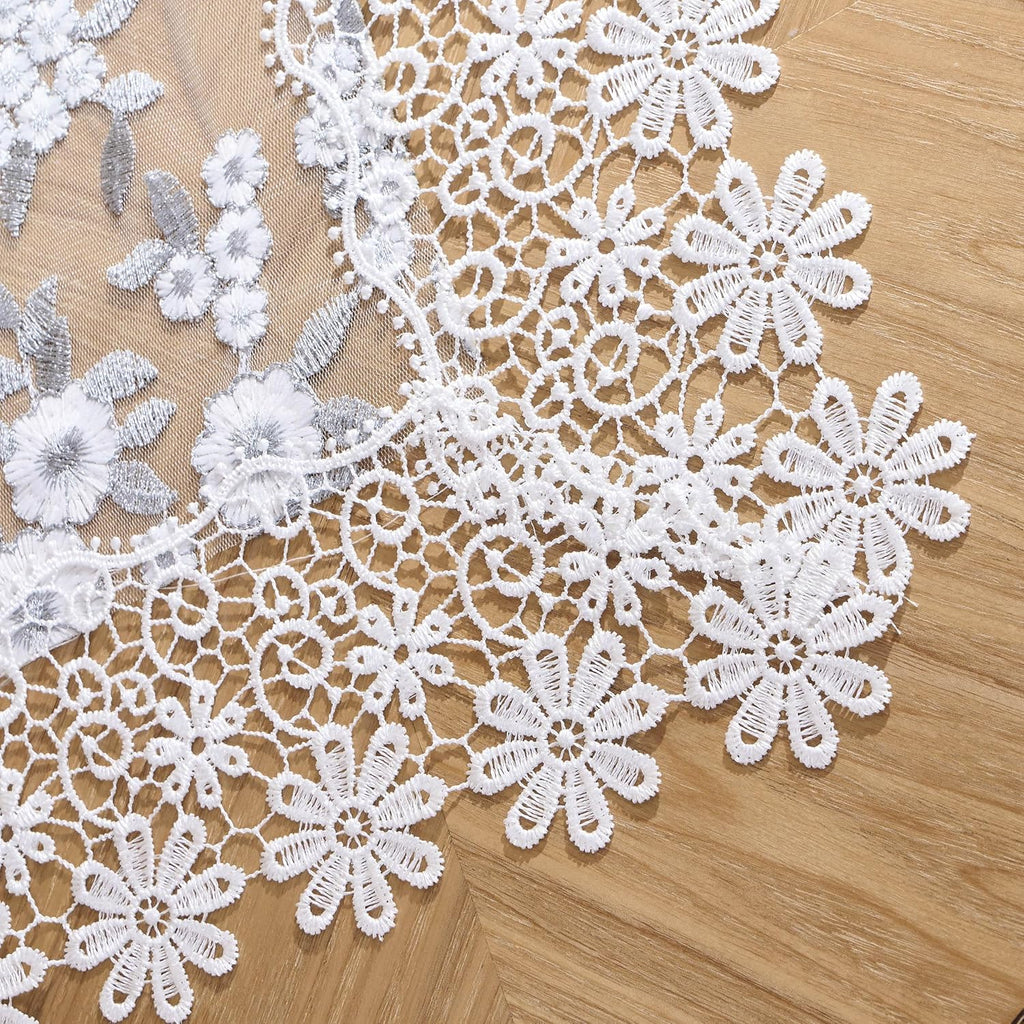 Floral Lace Tablecloth Grey with White Silver Embroidered Flowers 33”x33” Square Small Table Cover (