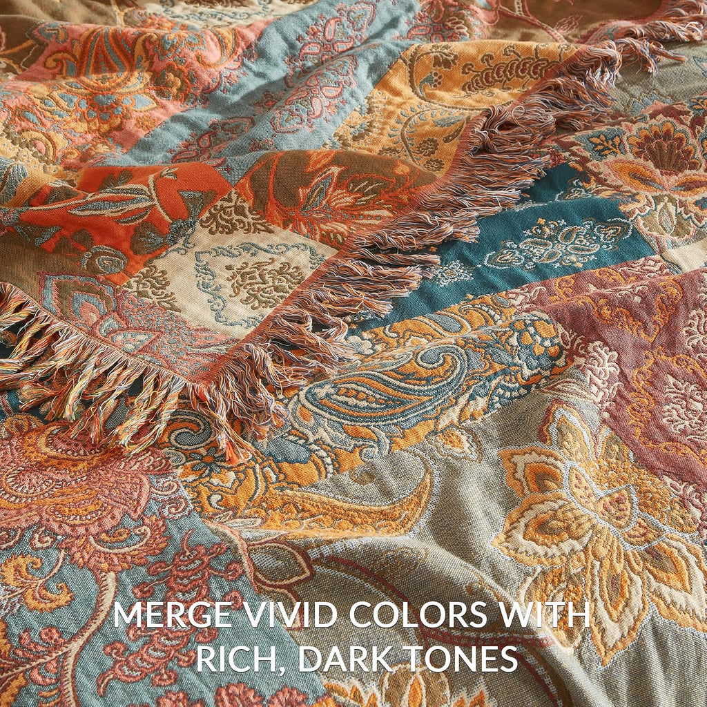 Boho Throw Blanket, 100% Cotton Woven Quilt with Tassel 60”x80”, Super Soft Muslin Blanket with Floral Printed