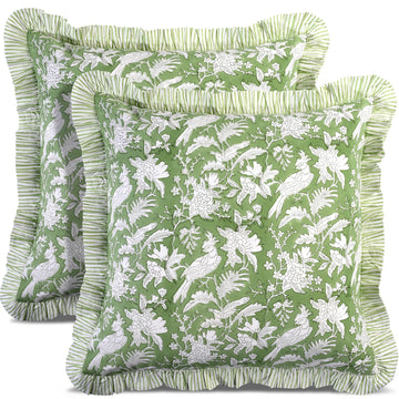 CPC Olive Green Block Print Ruffle Pillow Cover 20x20 Inch, Pack of 2