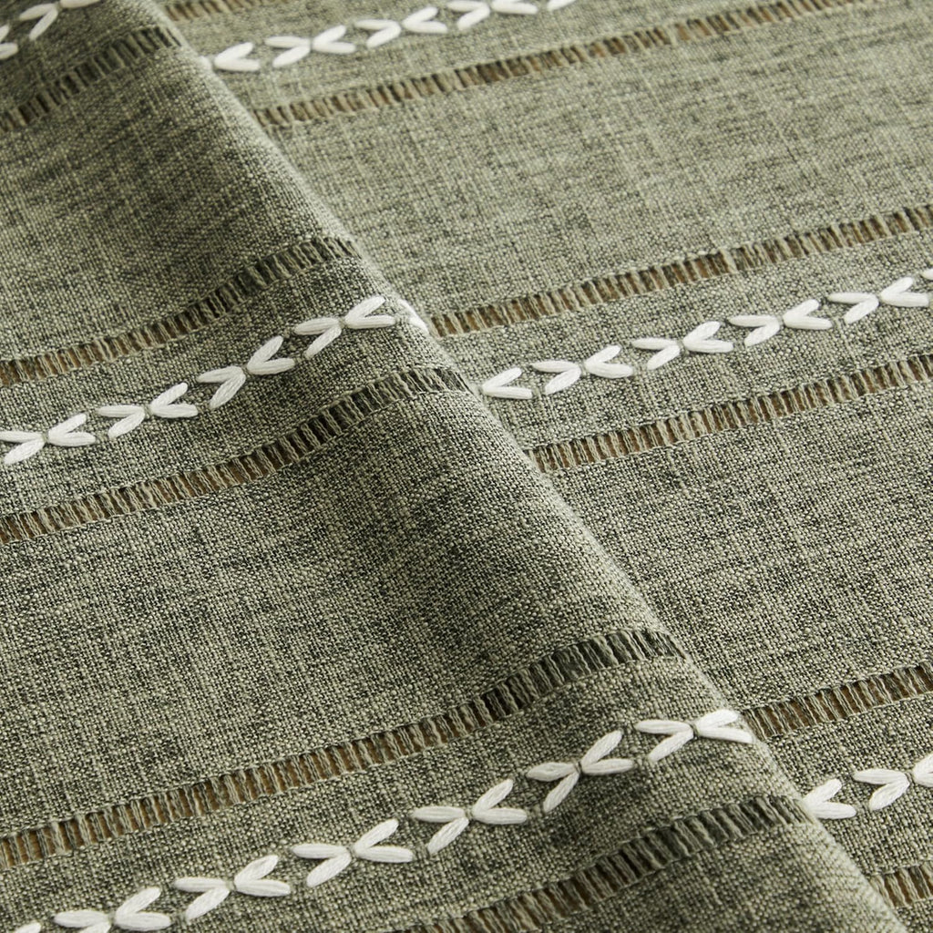 Hemstitched Embroidery Striped Boho Tablecloth 60 Inch Round Olive, Heavy Weight Farmhouse Burlap Li