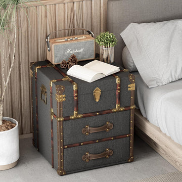 Vintage Storage Chest with Buckle Hinged Top, Linen Accent End Side Table , Rectangle, Grey