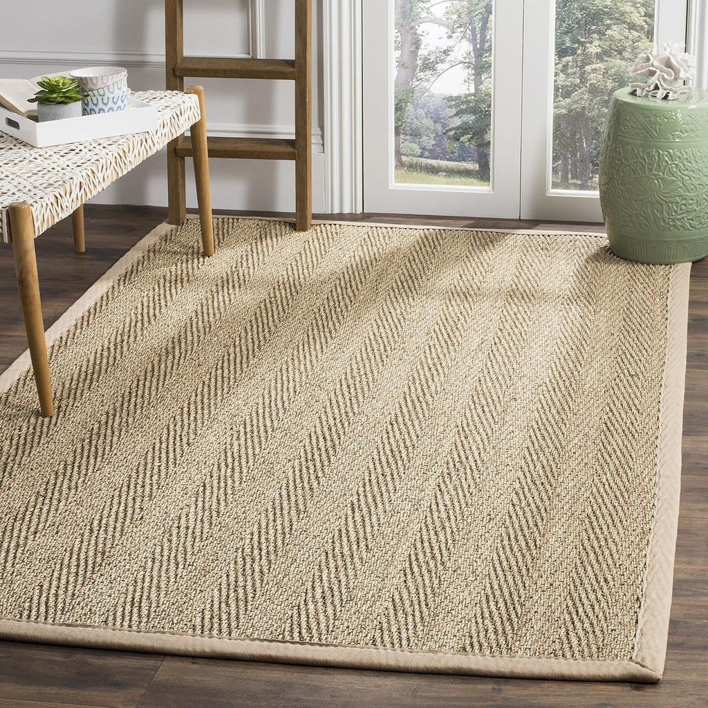 Area Rug 9x12 - Natural Fiber - Large - Natural & Beige, Seagrass, Herringbone Pattern with Border