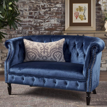 Milani Tufted Scroll Arm Velvet Loveseat, Navy Blue / Dark Brown
