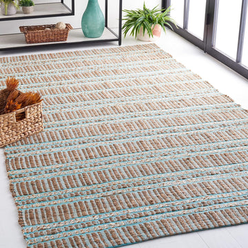 Area Rug 8x10 - Natural Fiber Collection - Large - Teal & Natural, Handmade Jute & Cotton Flat Weave, Stripe Pattern