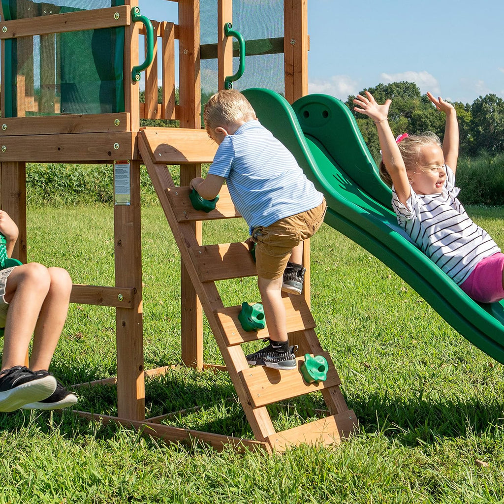 Buckley Hill Cedar Wood Swing Set with Wave Slide, Play Deck, Rock Wall Ladder, Belt Swings, Chalkboard, Canopy Roof