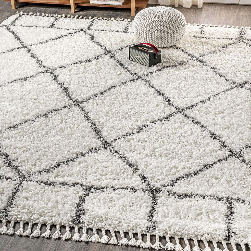 Y Mercer Shag Plush Tassel Ivory/Gray Indoor Area Rug, 3x5, Moroccan Geometric Trellis