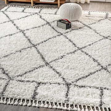 Mercer Shag Plush Tassel Ivory/Gray Indoor Area Rug, Moroccan Geometric Trellis, Easy-Cleaning