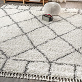 Y Mercer Shag Plush Tassel Ivory/Gray Indoor Area Rug, 3x5, Moroccan Geometric Trellis