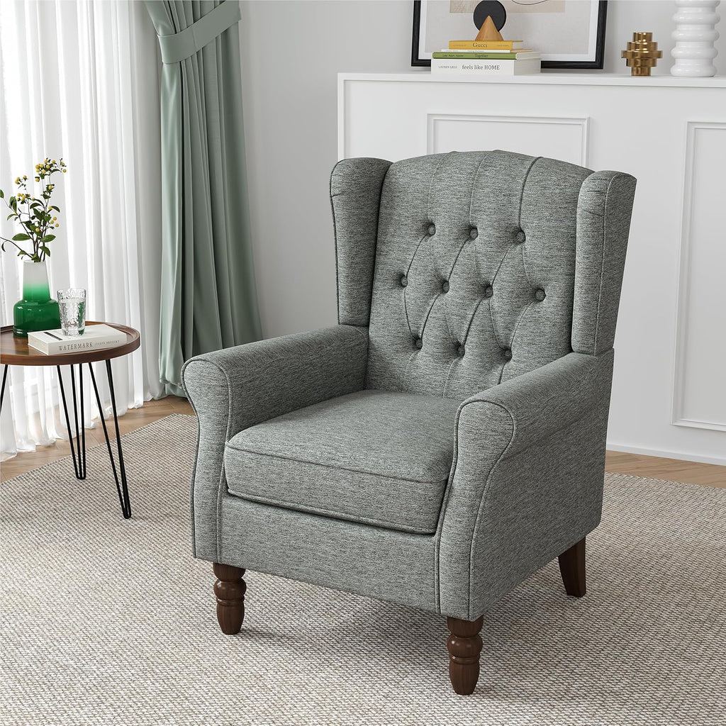 High Back Accent Chair, Tufted Wingback Chair , Grey | Button-Tufted Upholstered Armchair with Solid Wood Legs