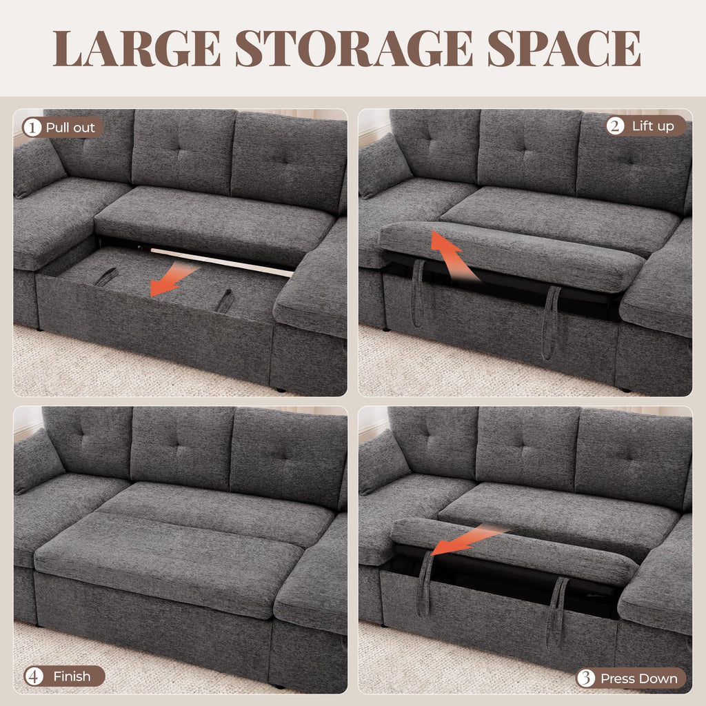 100" Sleeper Sofa Couch, Sectional Sofa Bed, Dark Grey