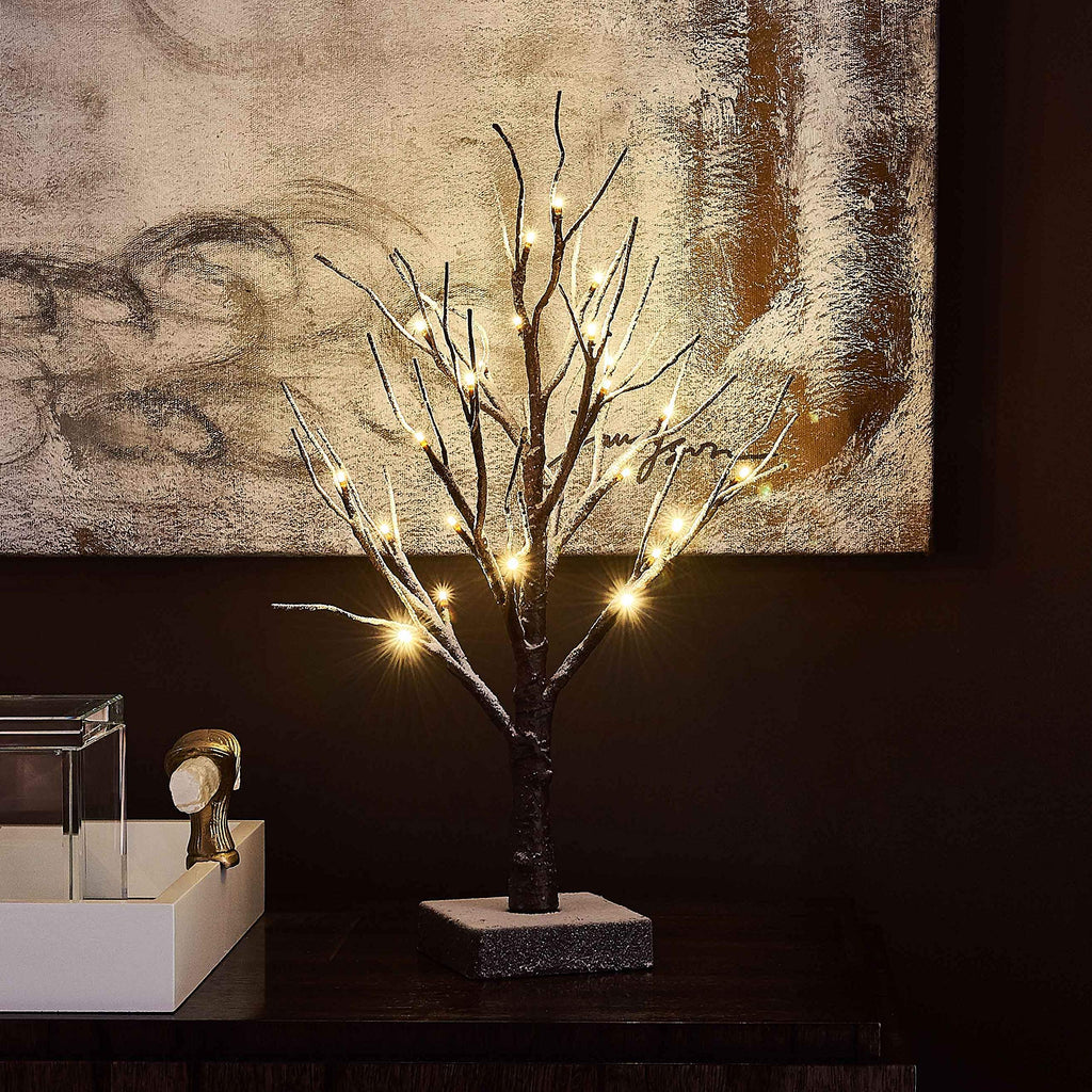 Lighted Tabletop Artificial Small Tree Snow Dusted 24 LED 18IN Battery Operated with Timer Indoor Use for Halloween