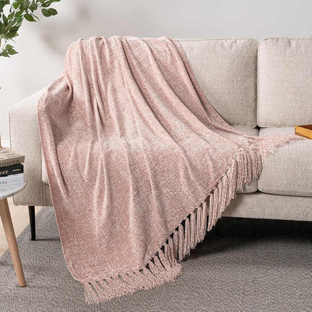 Pink Chenille Throw Blanket, Light Pink Soft Knit Throw with Tassel, Decorative Blanket, Blush Pink 50x60