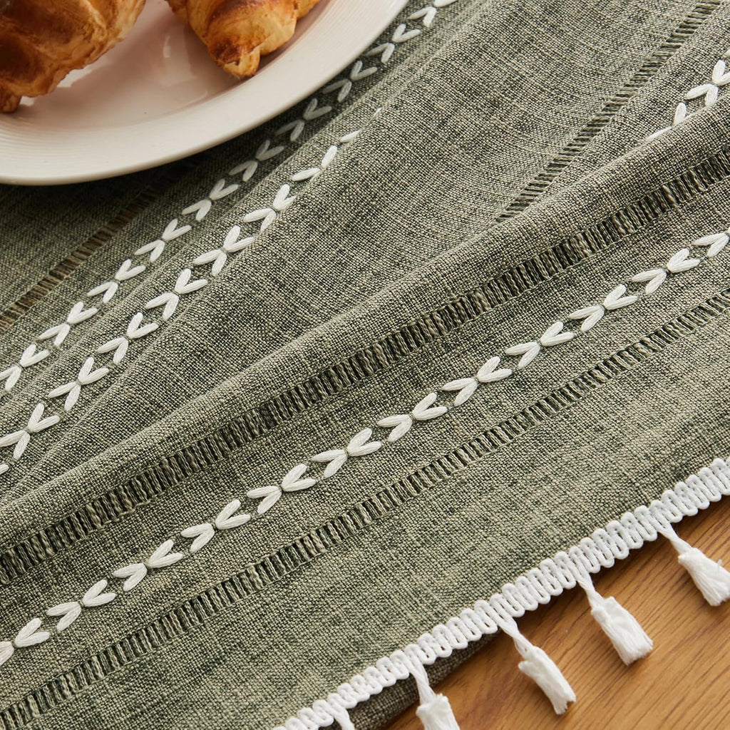 Hemstitched Embroidery Striped Boho Tablecloth 60 Inch Round Olive, Heavy Weight Farmhouse Burlap Li