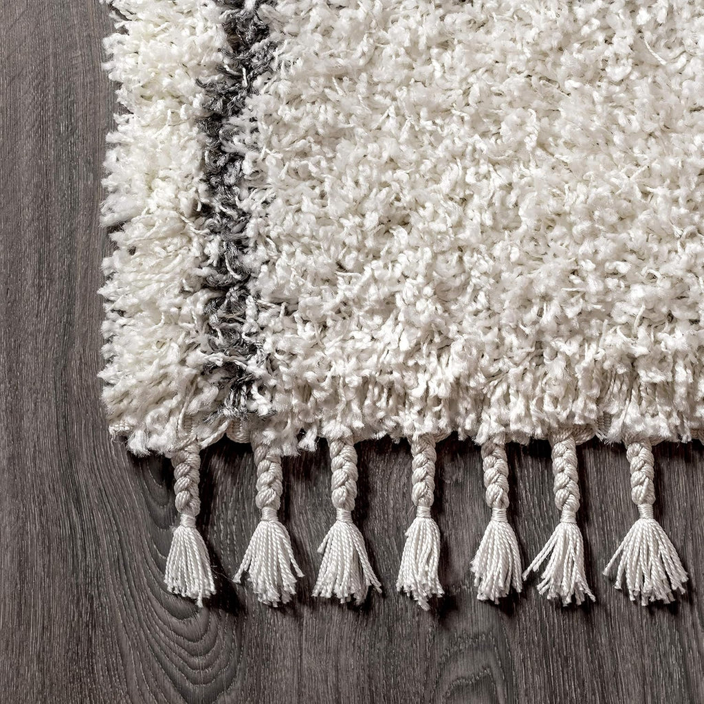 Mercer Shag Plush Tassel Ivory/Gray Indoor Area Rug, Moroccan Geometric Trellis, Easy-Cleaning