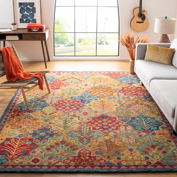 Aspen Collection Area Rug, Blue & Orange, Handmade Boho Wool, Ideal for High Traffic Areas in Living