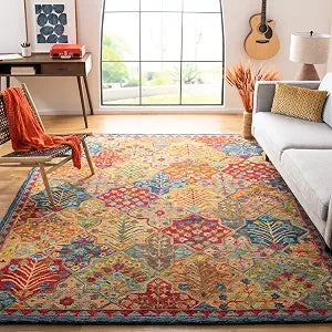 Aspen Collection Area Rug - 10' x 14', Blue & Orange, Handmade Boho Wool, Ideal for High Traffic Areas in Living