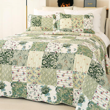 Summer Floral Quilted Bedspread,Romantic Green Quilt Set,Reversible Stitched Bedding Cover All Season,Soft
