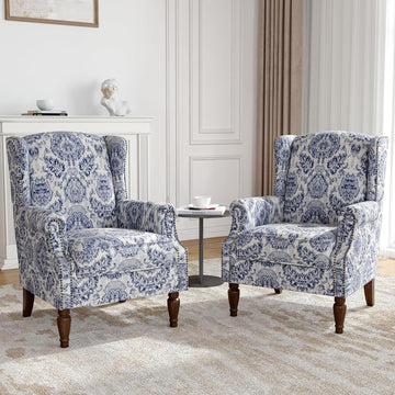 Wingback Accent Chairs Set of 2, High Back Armchair , Navy | Ergonomic Design | Linen Fabric | High-Resilient Foam