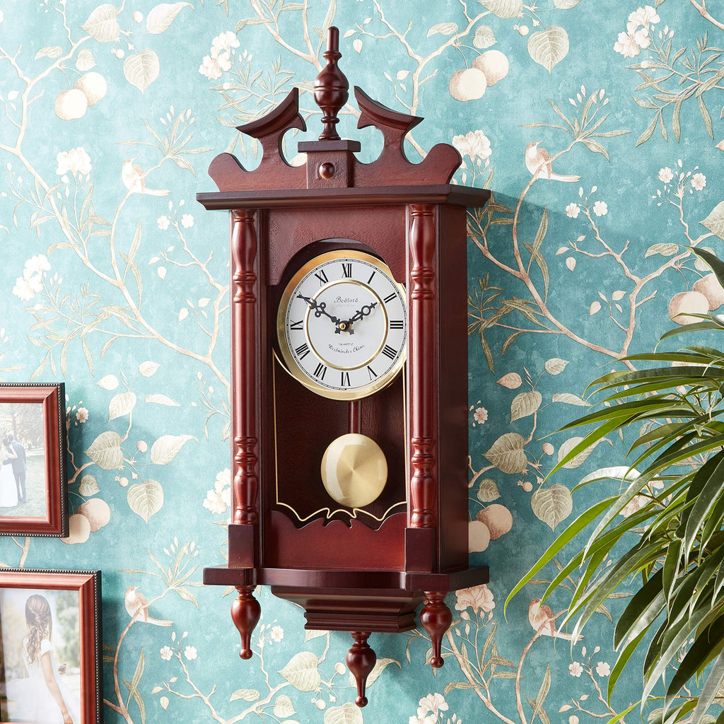 Classic 31" Chiming Wall Clock with Roman Numerals and A Swinging Pendulum in a Cherry Oak Finish