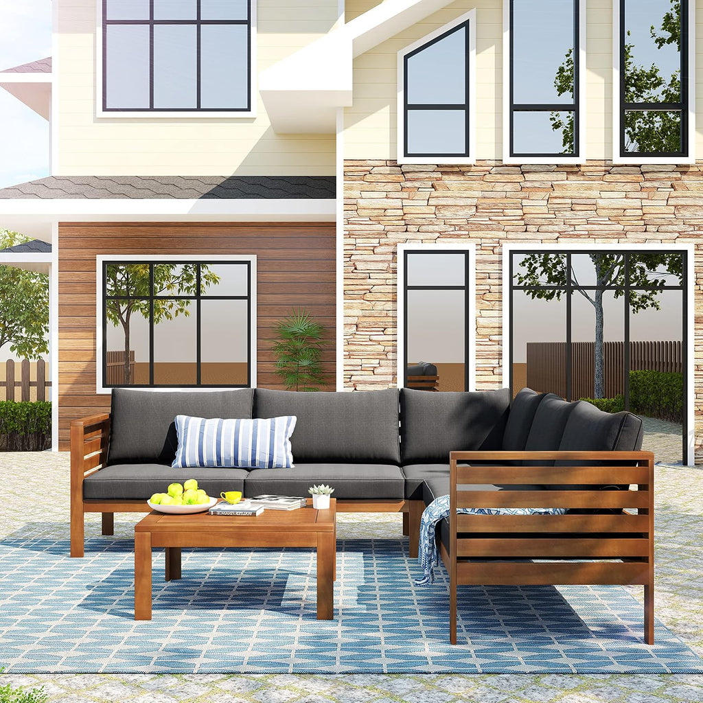 Outdoor Patio Natural Furniture Set L-Shaped Sofa Set, 4-Piece Acacia Wood Sectional Conversation Set with Loveseat