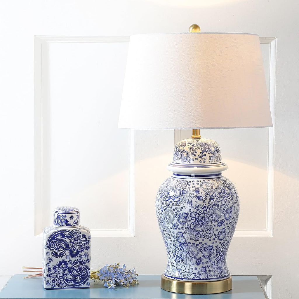 29.5" Blue/White Ceramic Table Lamp and Office, White Linen Drum Shade, Traditional Chinoiserie Ginger Jar Lamp