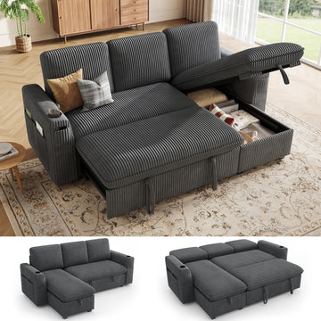 Sectional Sleeper Sofa with Pull Out Bed, Plush Corduroy Sectional Sofa with Storage Chaise and Adjustable Backrest