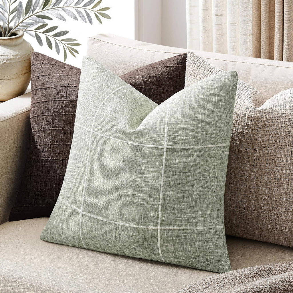 2 Packs Grid Embroidery Throw Pillow Covers, 18x18 Inch Light Sage Green, Farmhouse Linen Decorative Light Green